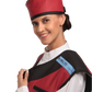 Up-close side view of a female model wearing a red radiation protection head shield and vest.