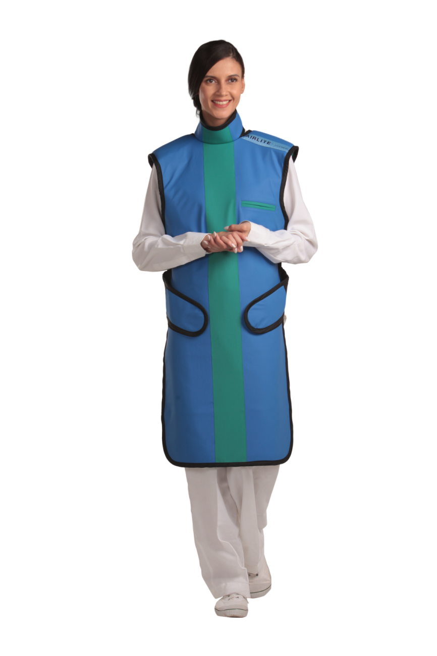 Full frontal view of a female model, her hands clasped together below her chest, wearing a coat apron with an integrated thyroid guard. The apron is royal blue in color with an ocean green center line and has closed velcro fasteners by the sides.