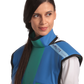 Half-length left-side frontal view of a female model wearing a coat apron with integrated thyroid guard. The apron is Royal blue in color with an ocean green center line.