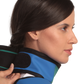Up-close view of a Royal blue integrated thyroid guard being fastened onto the neck of a female model. 