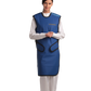 A full fontal view of a female model wearing an electric blue, grey-lined coat apron with her hands clasped below her chest.