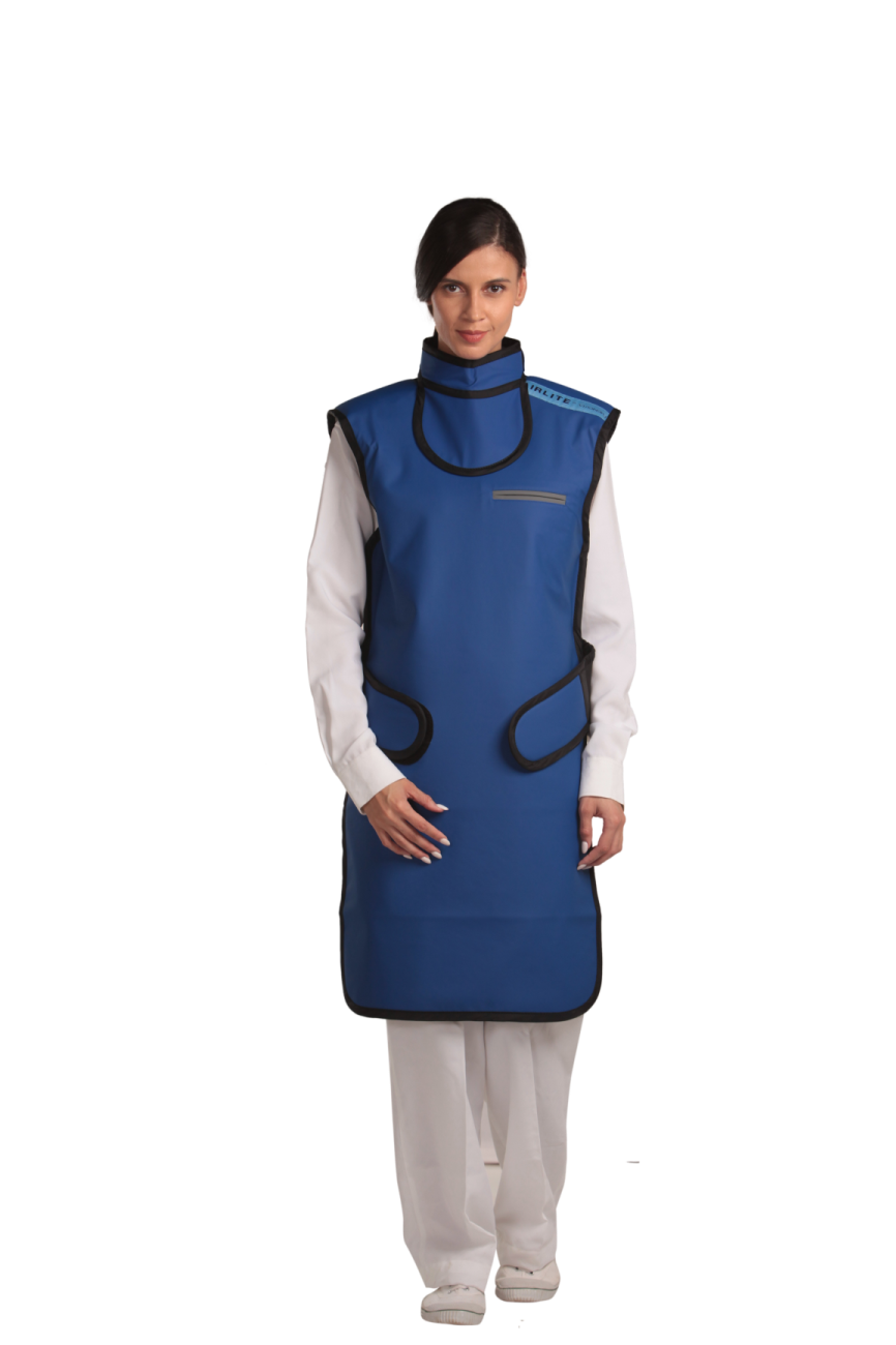 A full frontal view of a female model wearing an electric blue, grey-lined coat apron with an integrated thyroid collar.