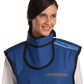 Half-length frontal view of a female model wearing an electric blue, grey-lined coat apron with an integrated thyroid collar. 