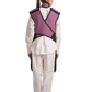 Back view of a female model wearing a mauve coat apron with a flex back and an integrated thyroid guard. 