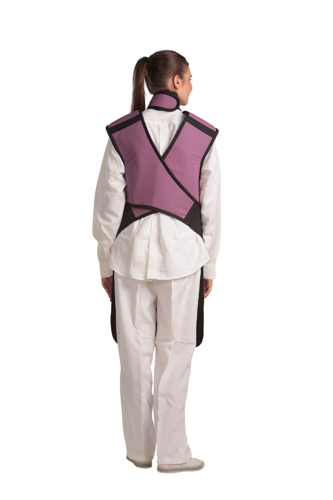 Back view of a female model wearing a mauve coat apron with a flex back and an integrated thyroid guard. 