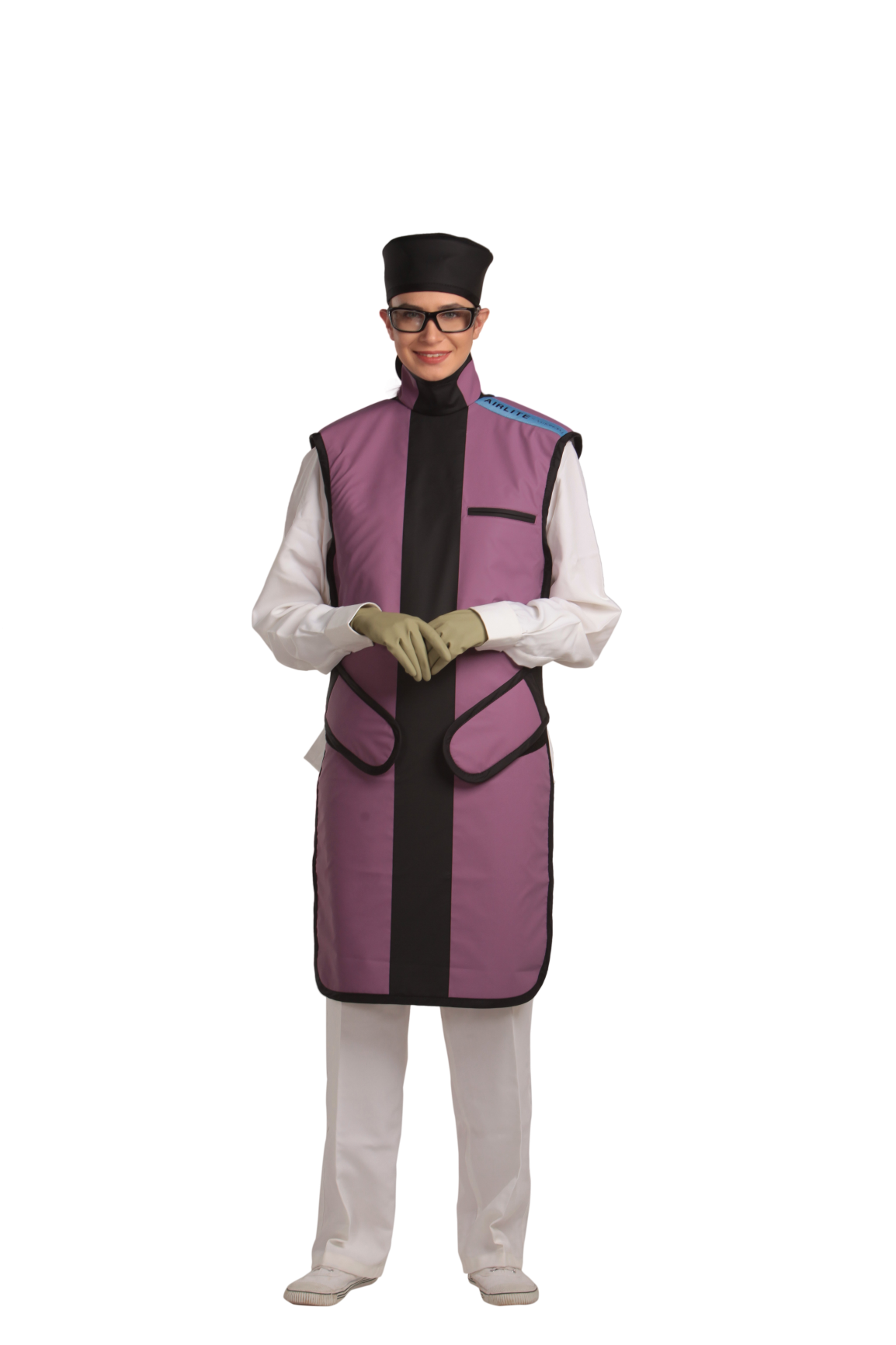 Full frontal view of a female model, her hands clasped together below her chest, wearing a head shield, protective eyewear, medical gloves, and a coat apron with an integrated thyroid guard. The apron is mauve in color with a Jet black center line and has closed velcro fasteners by the sides.