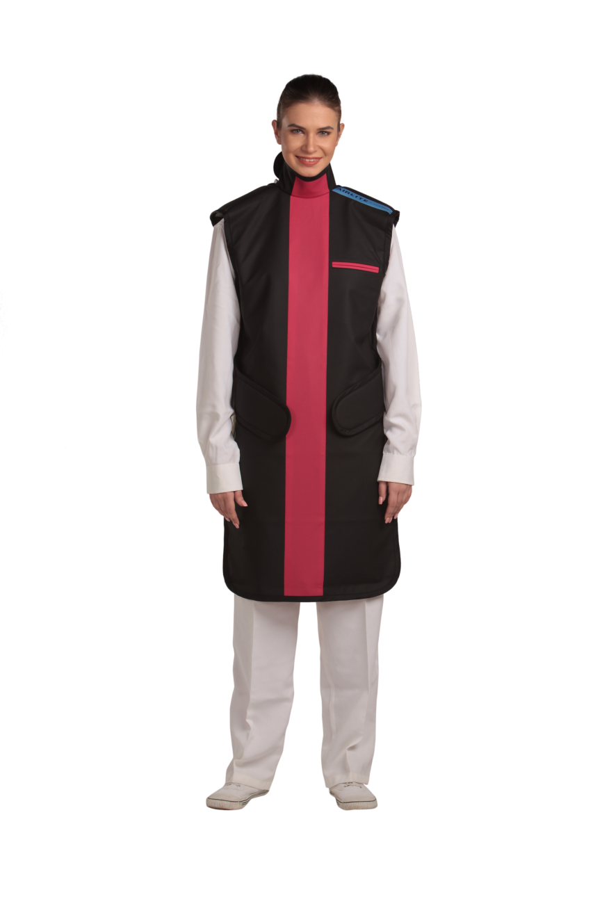 Full frontal view of a female model wearing a coat apron with integrated thyroid guard. The apron is Jet black in color with a Bordeaux red center line and has closed velcro fasteners by the sides.