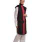 Full right frontal view of a female model wearing a coat apron with integrated thyroid guard. The apron is Jet black in color with a Bordeaux red center line and has closed velcro fasteners by the sides.