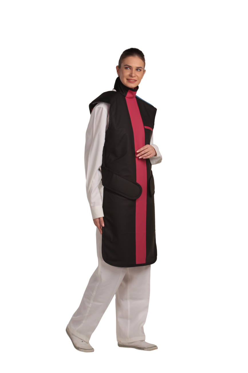 Full right frontal view of a female model wearing a coat apron with integrated thyroid guard. The apron is Jet black in color with a Bordeaux red center line and has closed velcro fasteners by the sides.