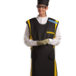 A full frontal view of a female model wearing a black, yellow-lined coat apron with flex back, a black head shield, and a protective eyewear. Her hands are clasped below her chest. 