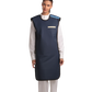 A full frontal view of a female model wearing a navy blue, beige-lined coat apron with flex back. 