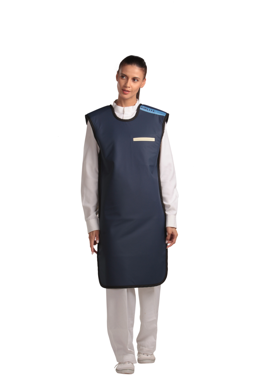 A full frontal view of a female model wearing a navy blue, beige-lined coat apron with flex back. 