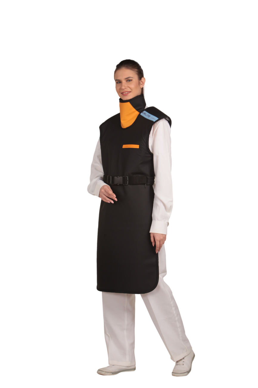 Side frontal view of a model wearing a black coat apron with integrated thyroid collar guard. The apron has paracord buckles fastened to the front. 