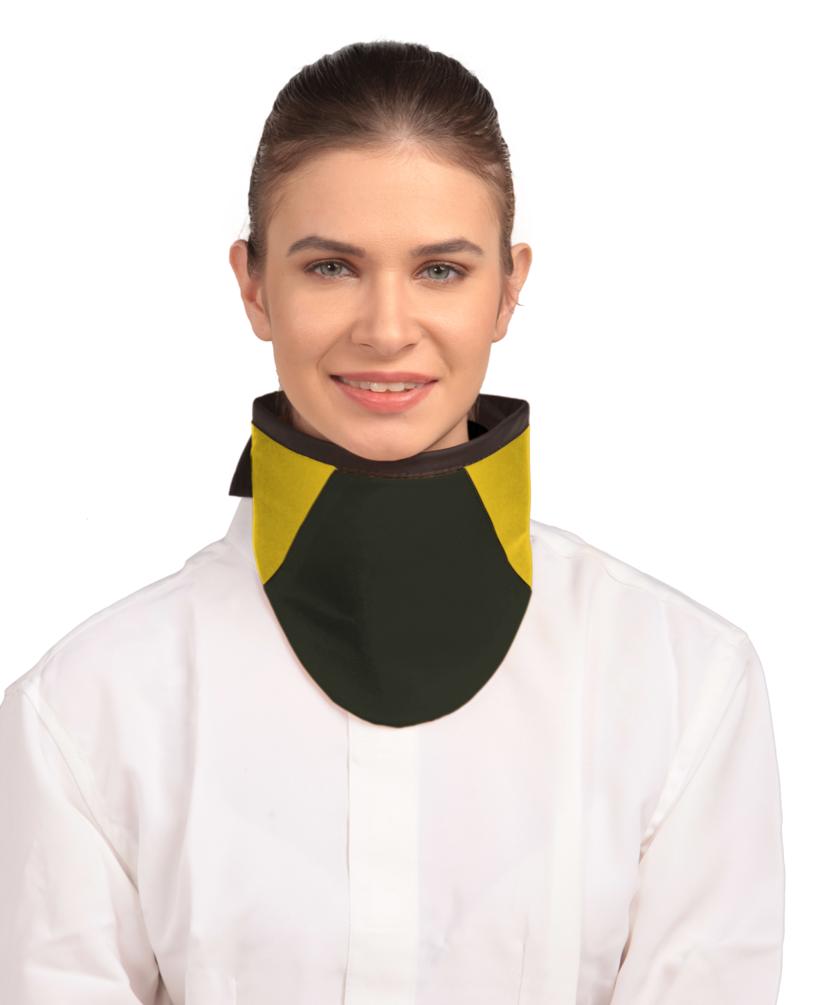 Frontal view of a model wearing a high-neck thyroid collar. The thyroid collar is Jet black with yellow color accents by the left and right sides from top to bottom. 