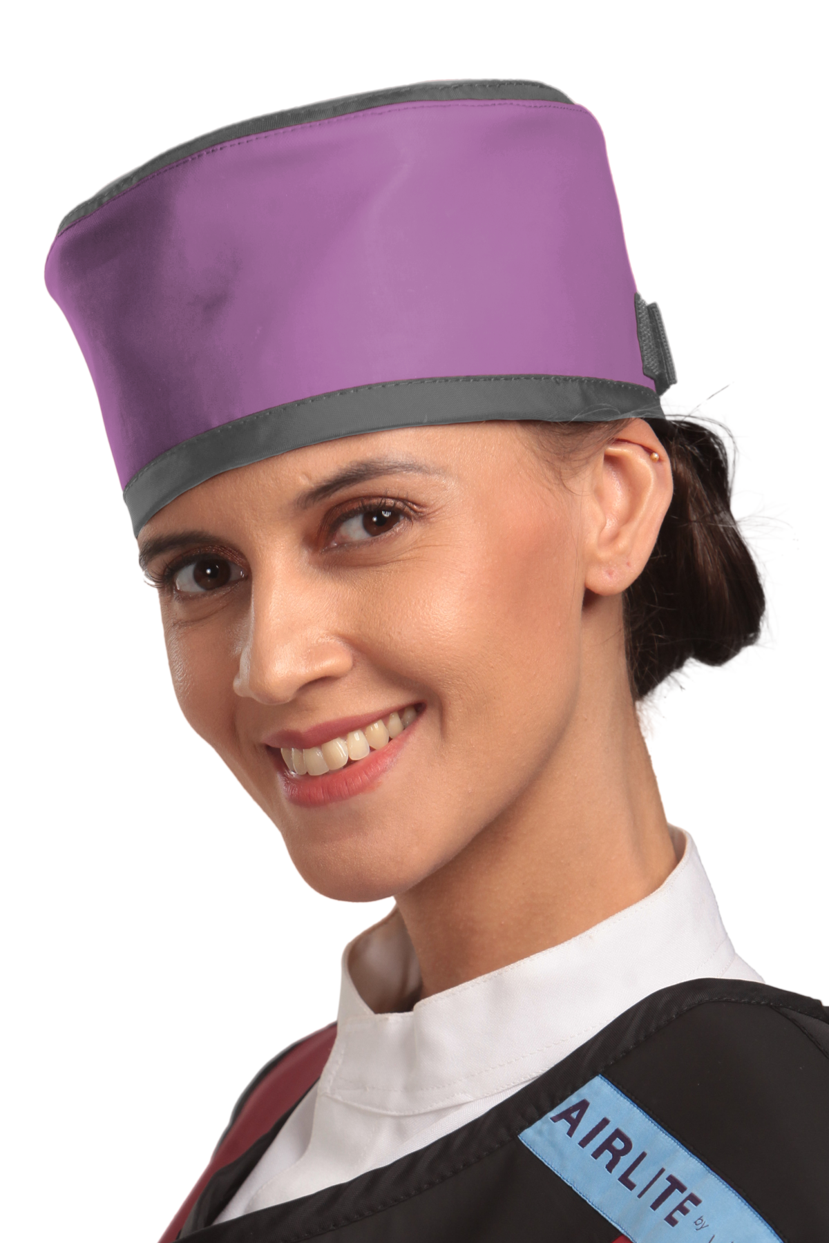 Up-close left-side frontal view of a female model wearing a radiation protection head shield. The head shield is Lilac with grey-colored lines around the lower and upper edges.