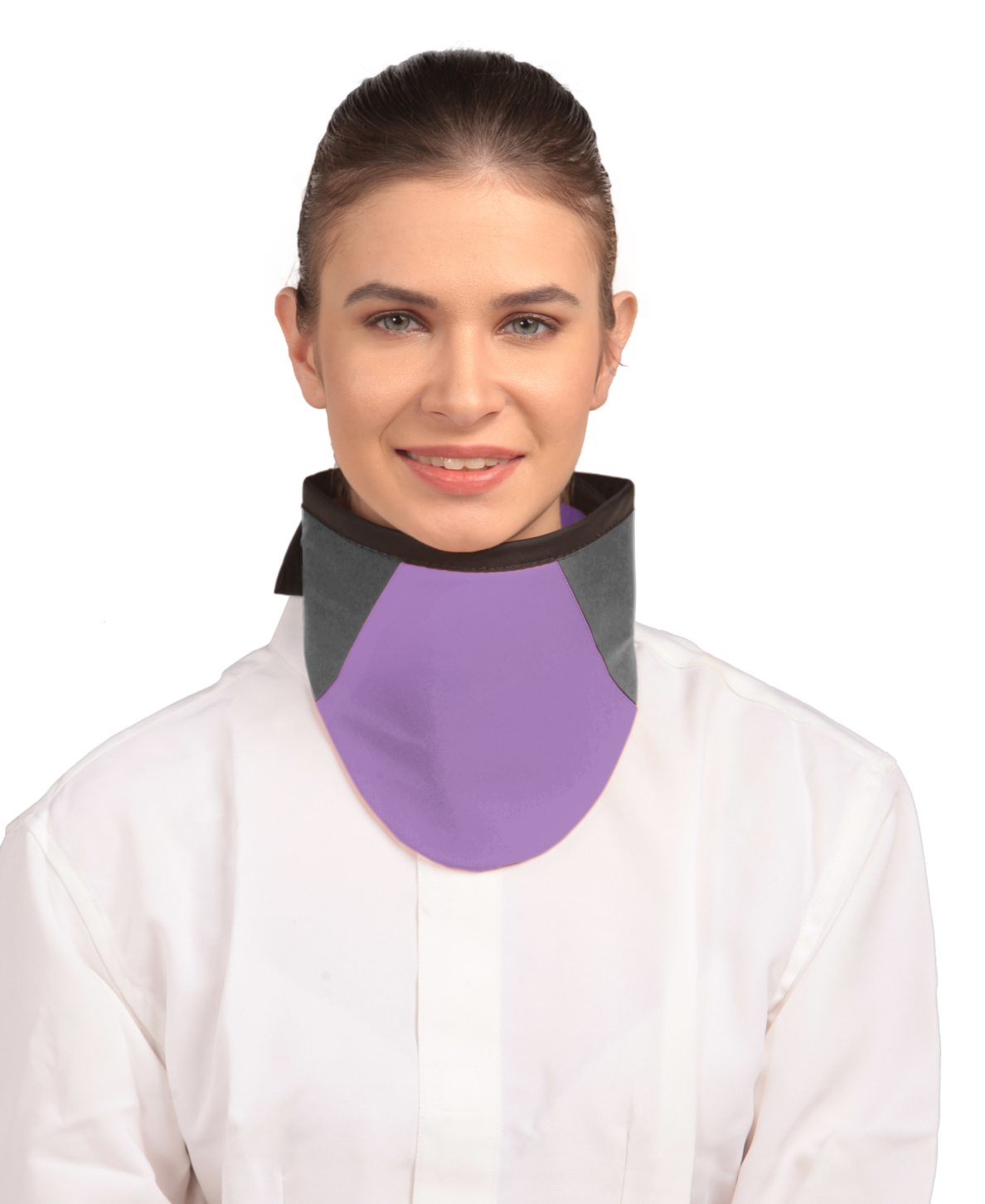 Frontal view of a model wearing a high-neck thyroid collar. The thyroid collar is lilac with grey color accents by the left and right sides from top to bottom. 