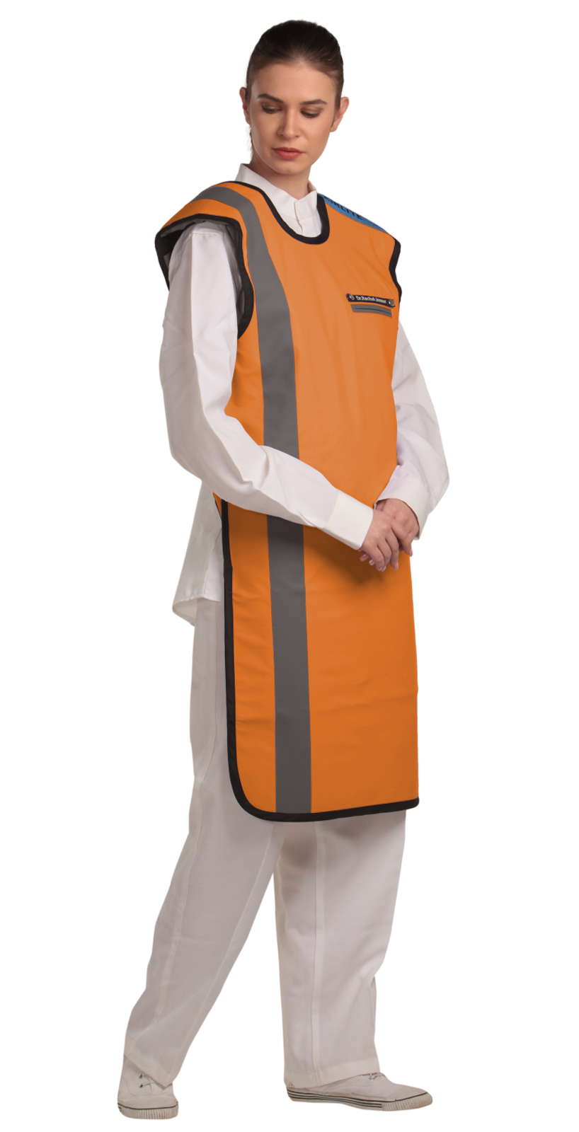 Right partial frontal view of a female model wearing a tangerine, grey-lined coat apron with flex back.