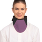 Frontal view of a model wearing a high-neck thyroid collar. The thyroid collar is mauve with black color accents by the left and right sides from top to bottom. 