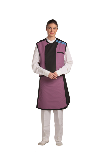 Full frontal view of a female model wearing a mauve radiation protection skirt and vest. The vest is mauve with Jet black lines around the left and right edges.
