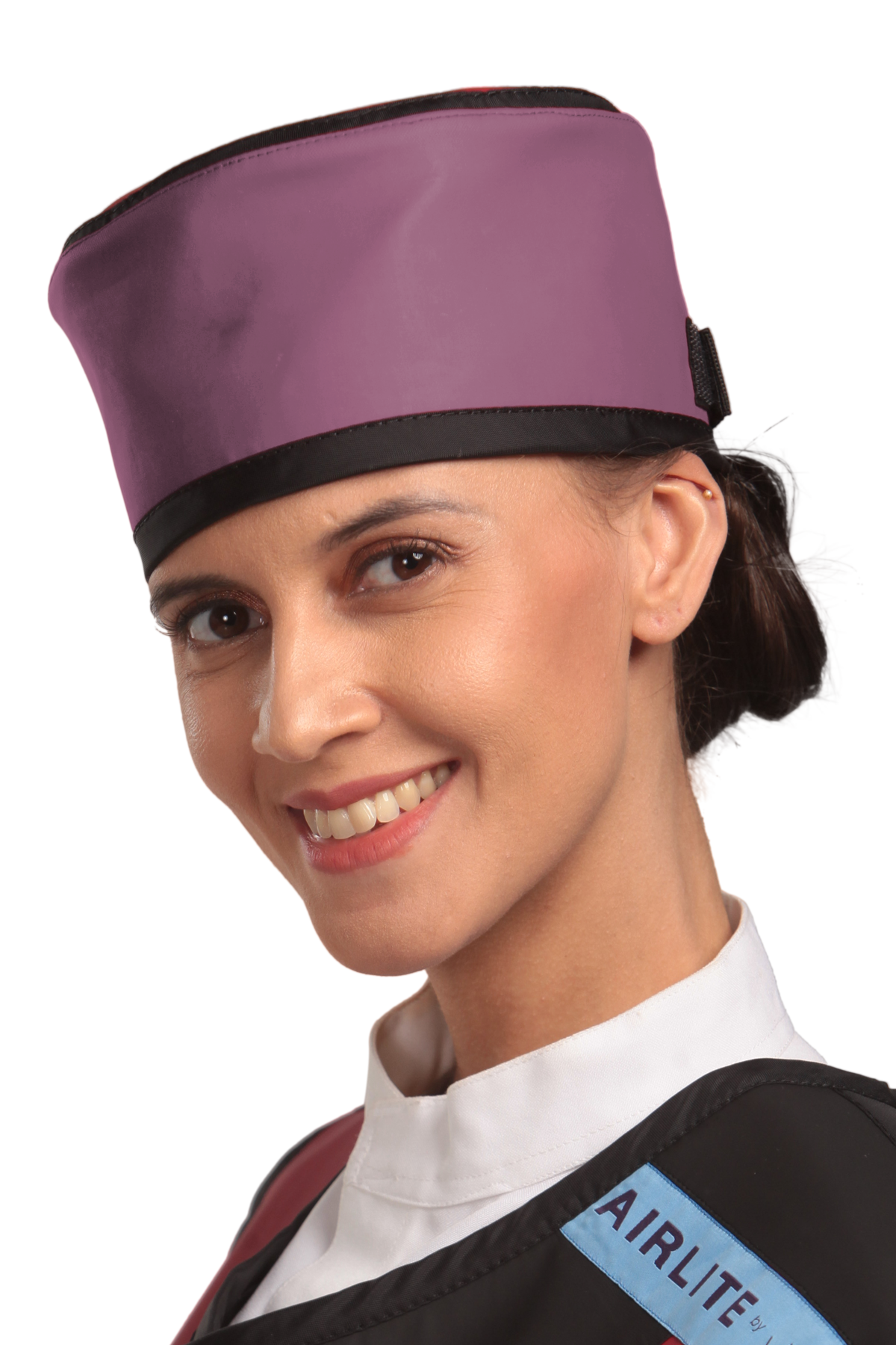 Up-close left-side frontal view of a female model wearing a radiation protection head shield. The head shield is mauve with black-colored lines around the lower and upper edges.