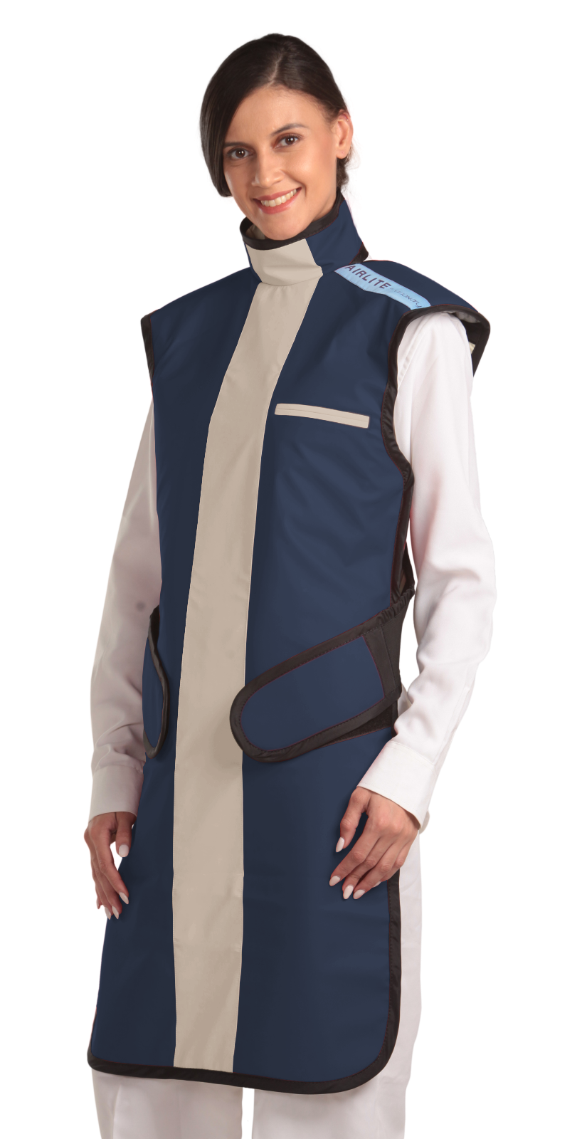Frontal left-side view of a female model wearing a coat apron with an integrated thyroid guard. The apron is Navy blue with a beige-colored center line and has velcro fasteners by the sides.