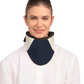 Frontal view of a model wearing a high-neck thyroid collar. The thyroid collar is Navy with beige color accents by the left and right sides from top to bottom. 