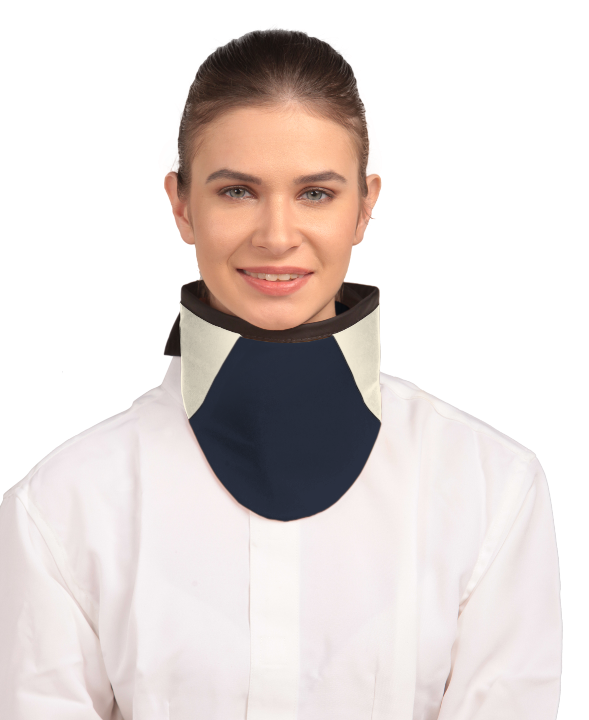 Frontal view of a model wearing a high-neck thyroid collar. The thyroid collar is Navy with beige color accents by the left and right sides from top to bottom. 
