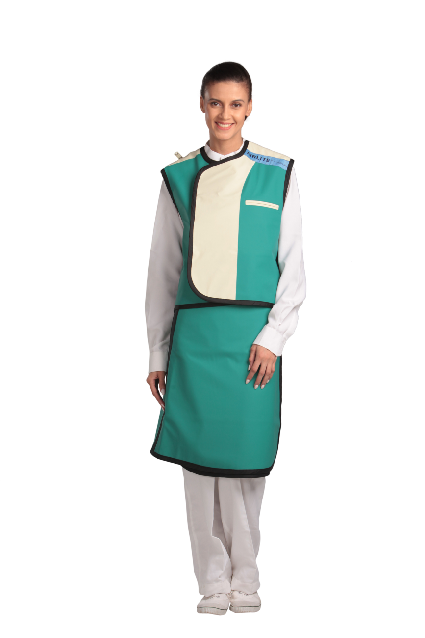 Full frontal view of a female model wearing an ocean green radiation protection skirt and vest. The vest is ocean green with beige lines around the left edge.