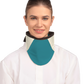 Frontal view of a model wearing a high-neck thyroid collar. The thyroid collar is ocean green with beige color accents by the left and right sides from top to bottom. 
