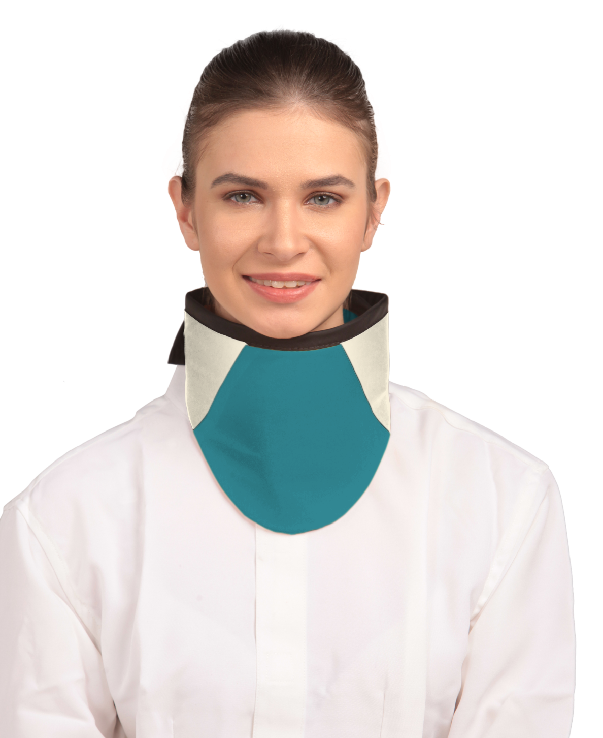 Frontal view of a model wearing a high-neck thyroid collar. The thyroid collar is ocean green with beige color accents by the left and right sides from top to bottom. 