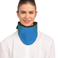 Frontal view of a model wearing a high-neck thyroid collar. The thyroid collar is Royal blue with ocean green color accents by the left and right sides from top to bottom. 