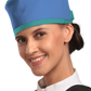Up-close left-side frontal view of a female model wearing a radiation protection head shield. The head shield is Royal blue with Ocean green-colored lines around the lower and upper edges.