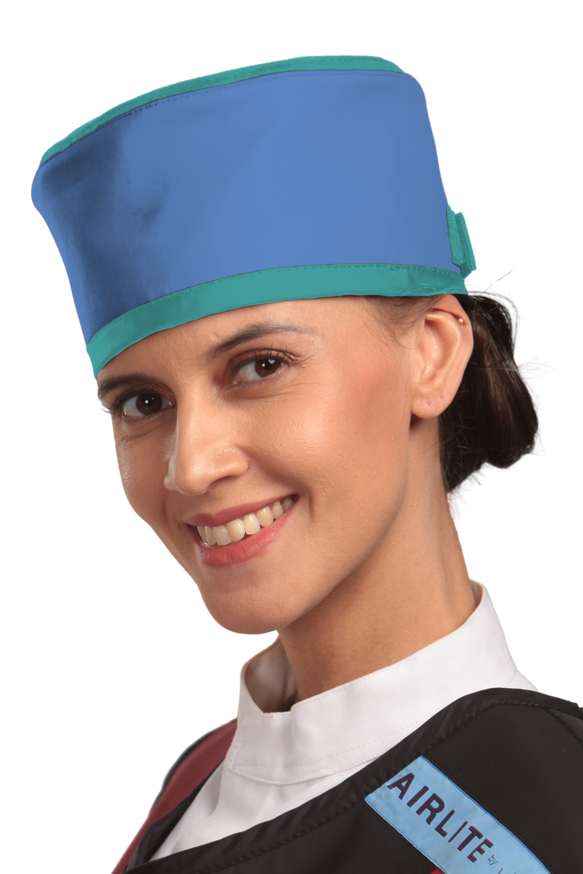 Up-close left-side frontal view of a female model wearing a radiation protection head shield. The head shield is Royal blue with Ocean green-colored lines around the lower and upper edges.