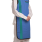 Right partial frontal view of a female model wearing an electric blue, ocean green-lined coat apron with flex back.