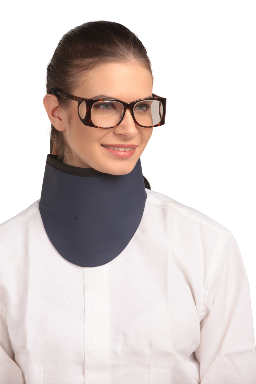 Side frontal view of a model wearing a Navy color high-neck thyroid collar and a radiation protection eyewear. 