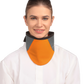 Frontal view of a model wearing a high-neck thyroid collar. The thyroid collar is tangerine with grey color accents by the left and right sides from top to bottom. 