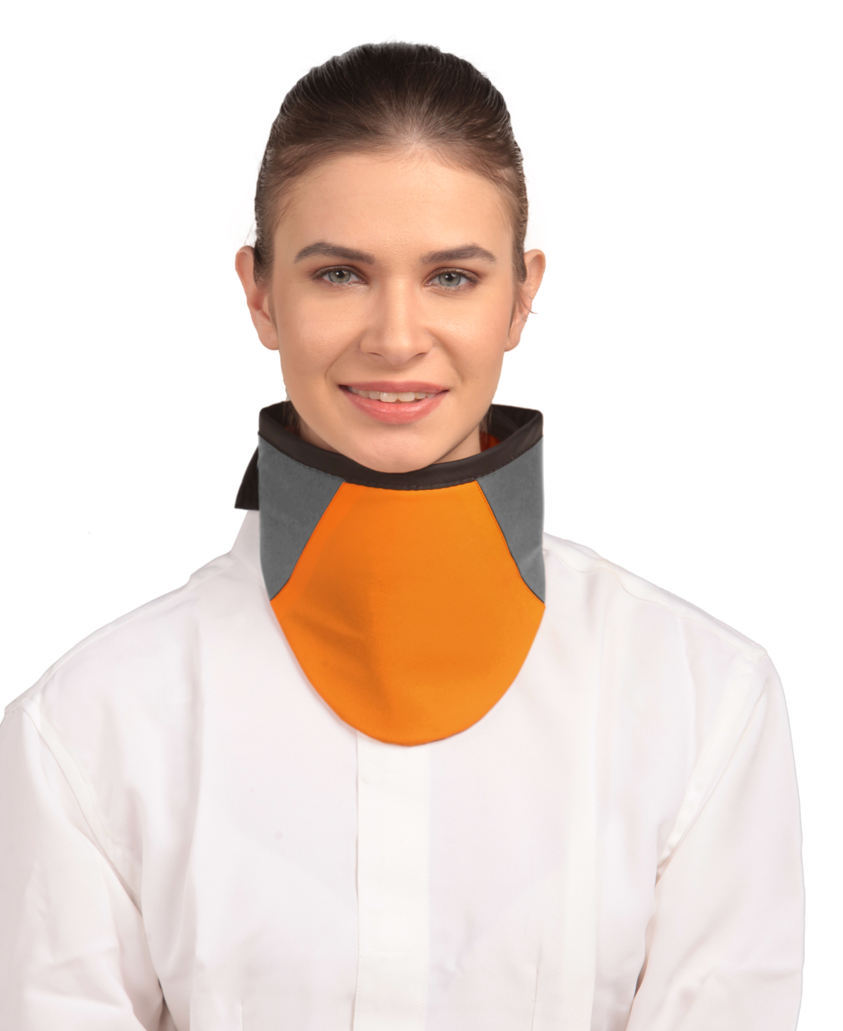 Frontal view of a model wearing a high-neck thyroid collar. The thyroid collar is tangerine with grey color accents by the left and right sides from top to bottom. 
