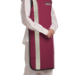 Right partial frontal view of a female model wearing a bordeaux red, beige-lined coat apron with flex back. 