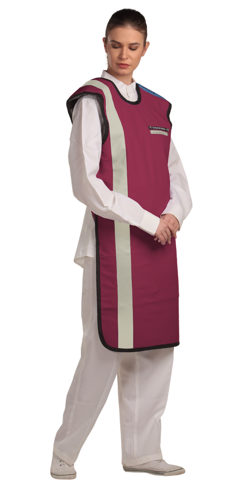 Right partial frontal view of a female model wearing a bordeaux red, beige-lined coat apron with flex back. 