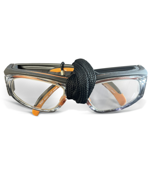 Partial top view of a black frame aviator radiation protection eyewear.