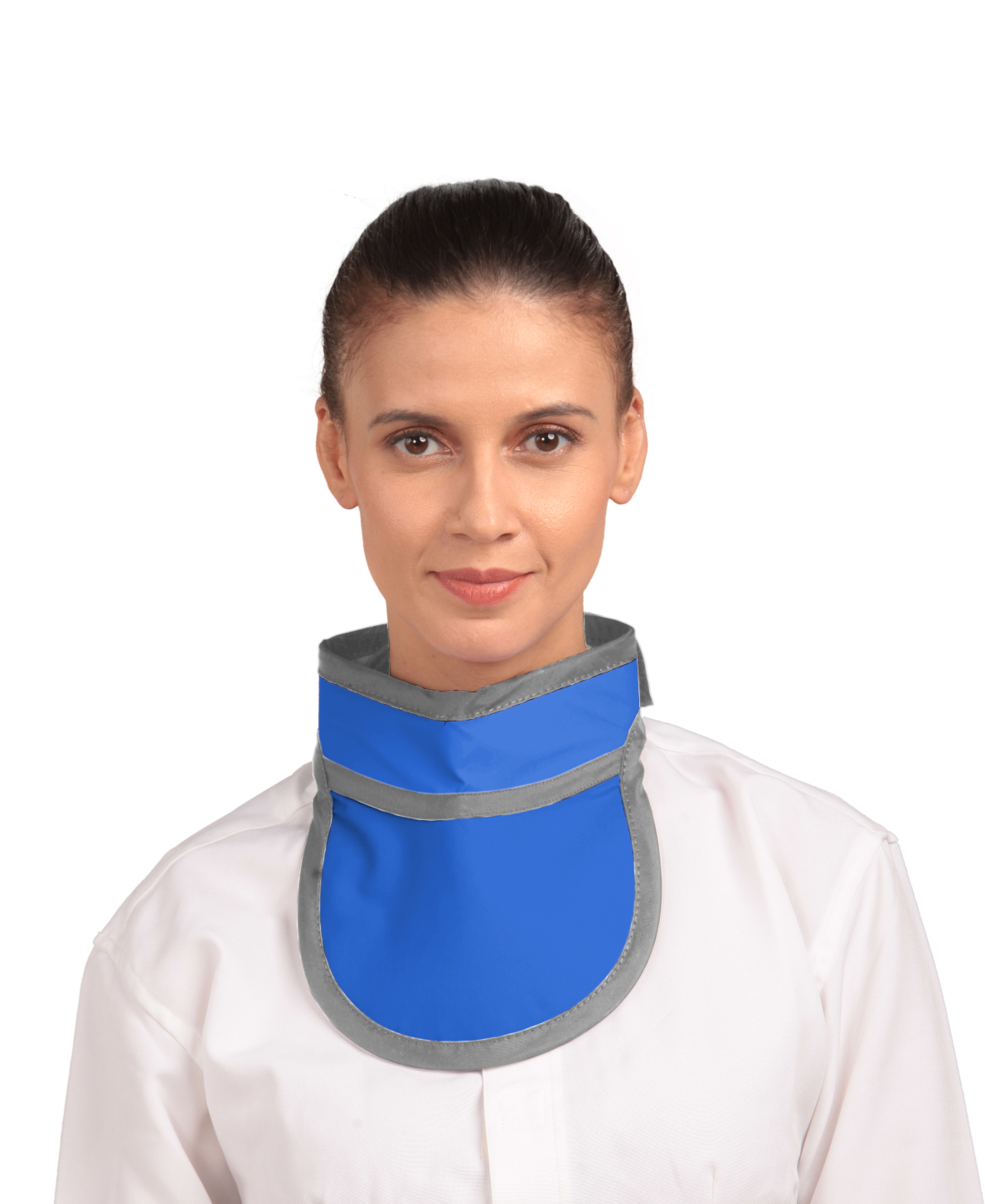 Frontal view of a female model wearing an electric blue colored thyroid collar “Slim” lined with grey color around the outer edges.