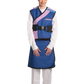Full frontal view of a female model wearing a Electric blue radiation protection skirt and vest. The vest is Electric blue with lilac lines around the left edge. The vest is fastened to the front with paracord buckles.