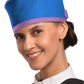 Up-close left-side frontal view of a female model wearing a radiation protection head shield. The head shield is Electric blue with lilac-colored lines around the lower and upper edges.