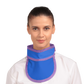 Frontal view of a female model wearing an electric blue colored thyroid collar “Slim” lined with lilac color around the outer edges.