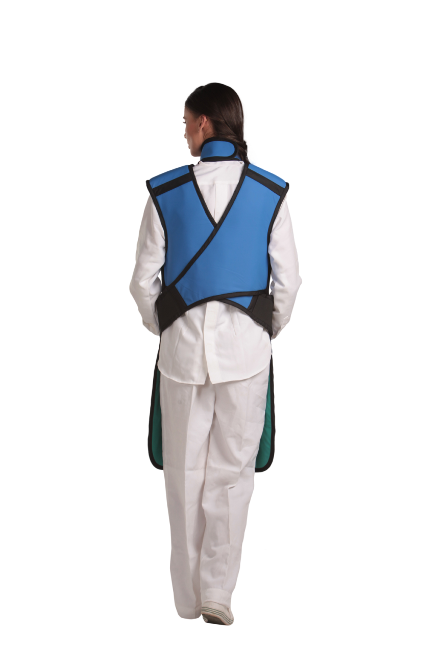 Full back view of a female model wearing a royal blue coat apron with a flex back and an integrated thyroid guard. 