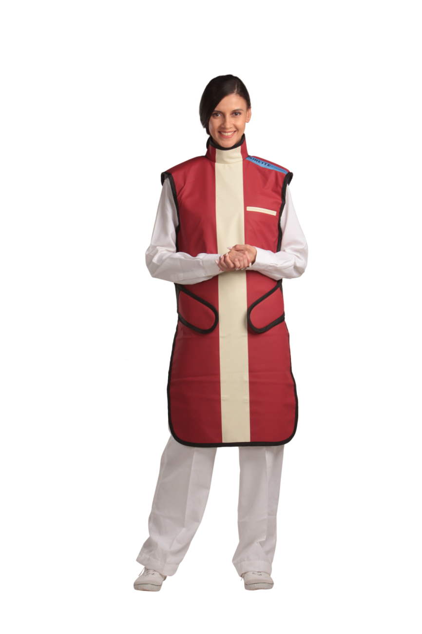 A full frontal view of a female model, her two hands clasped together below her chest, wearing a bordeaux red, beige center-lined coat apron with integrated thyroid guard.