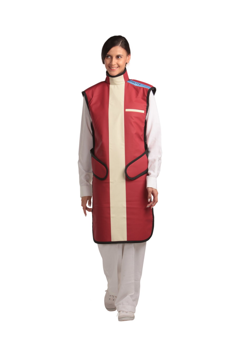 A full frontal view of a female model wearing a bordeaux red, beige center-lined coat apron with integrated thyroid guard.