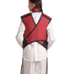 Full back view of a female model wearing a Bordeaux red coat apron with flex back and an integrated thyroid guard. 