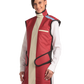 Frontal left-side view of a female model wearing a coat apron with integrated thyroid guard. The apron is Bordeaux red in color with a beige center line and has velcro fasteners by the sides.