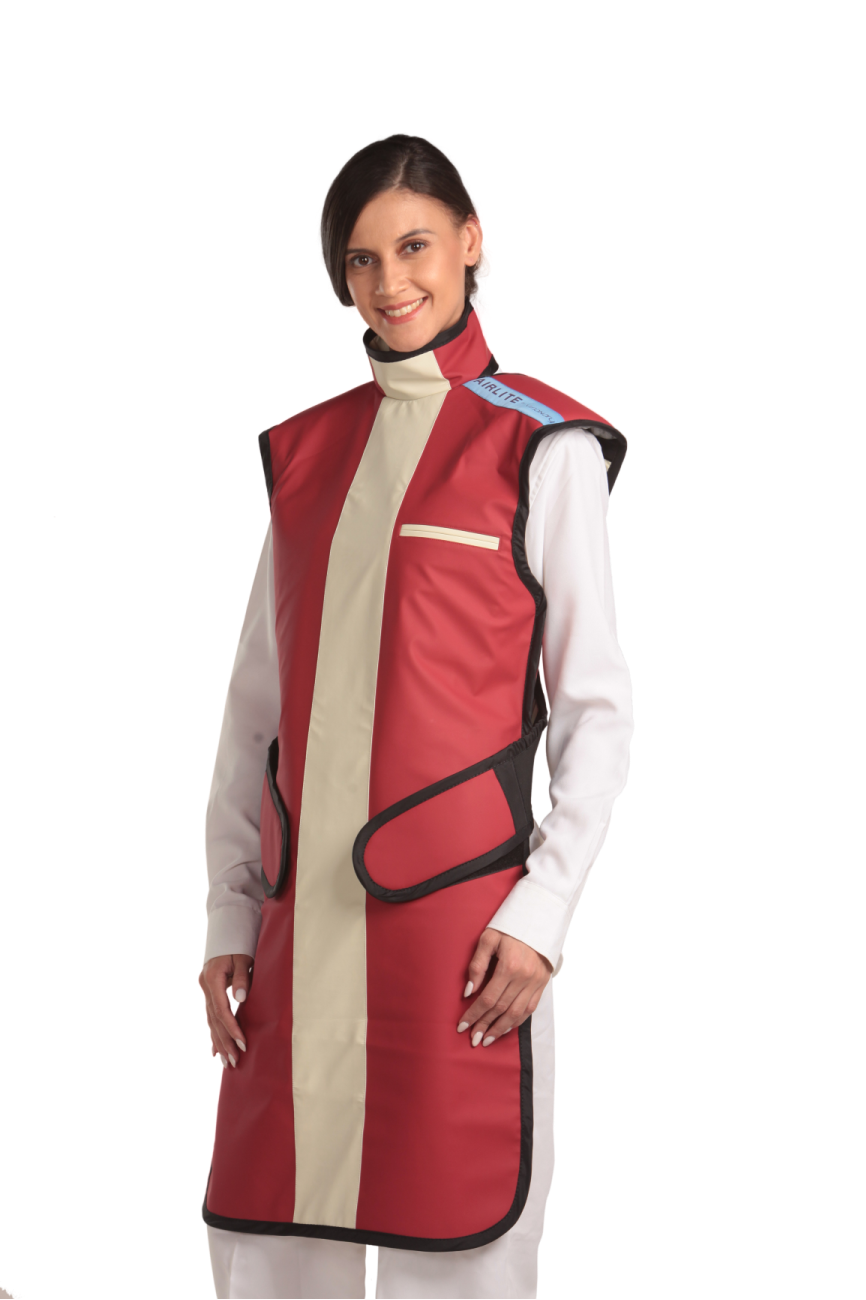 Frontal left-side view of a female model wearing a coat apron with integrated thyroid guard. The apron is Bordeaux red in color with a beige center line and has velcro fasteners by the sides.